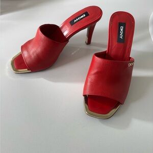 DKNY Red Leather Open-Toe Slide Heels with Gold Trim